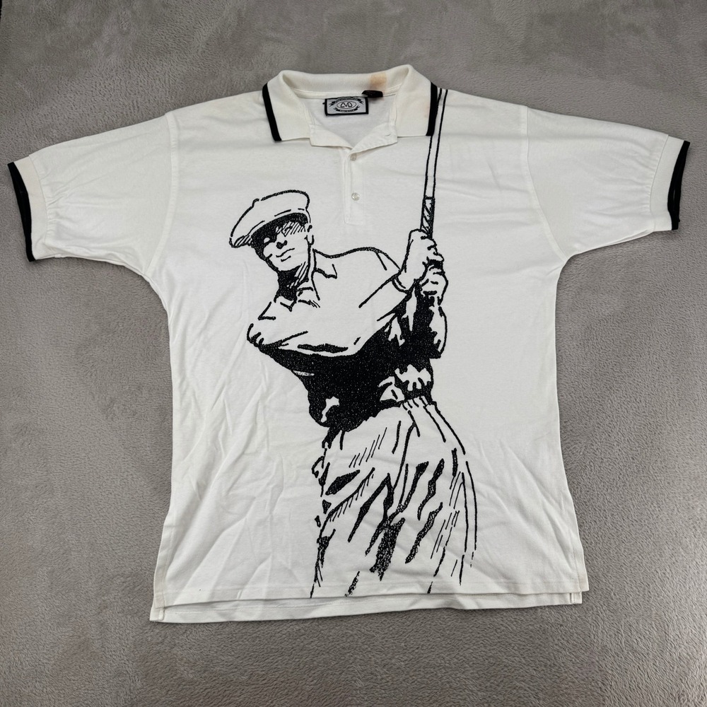 Vintage AVO Sportswear Mens Polo Shirt Large White Golf Graphic Preowned Stains